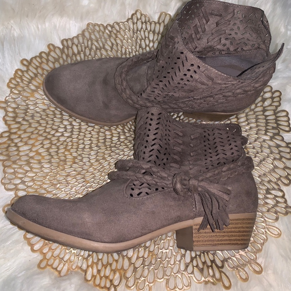 Report tan suede braided tassel ankle boots